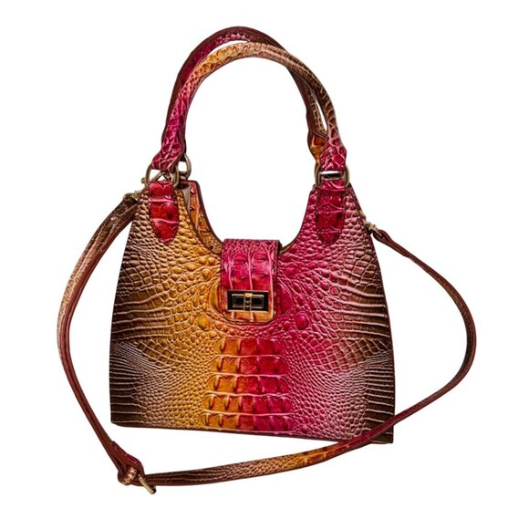 Croc Embossed Faux Leather Handbag Gradient Pink & Yellow Adjustable Strap - Picture 1 of 11